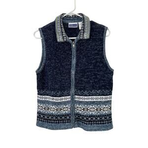 Vintage Cardigan Sweater Vest M Fair Isle Nordic Zip Blue Grandmacore Erika